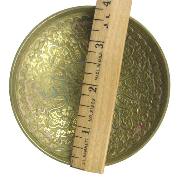 Etched Brass Bowl Chinoiserie Round Footed Decor Trinket 3 7/8 inches Enamel - Picture 4 of 6